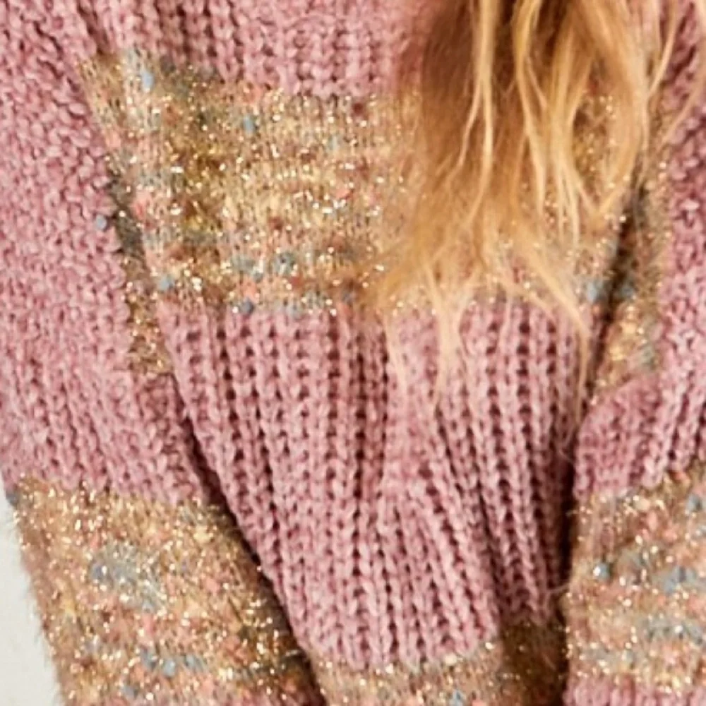 **Last One** Chenille Confetti Soft Knit Sweater, Pink & Gold Metallic Details - Picture 7 of 12